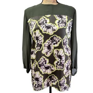 Blugirl Folies Silk Women Blouse SZ 8 Green Floral Sheer Long Sleeves Top Italy